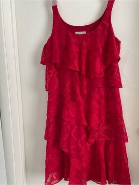 Amanda Lane Red Tiered Ruffle Midi Dress